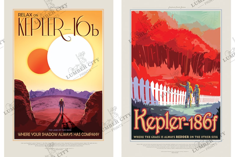 May include: Two vintage travel posters advertising trips to Kepler-16b and Kepler-186f. The Kepler-16b poster features a red and orange sun with a white moon in the background. The Kepler-186f poster features a red and orange sky with a white picket fence in the foreground.