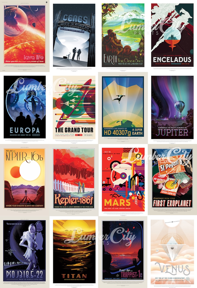 May include: A set of 12 colourful travel posters featuring different planets and celestial bodies. Each poster has a unique design and includes text about the planet or celestial body. The posters are perfect for adding a touch of space exploration to any room.