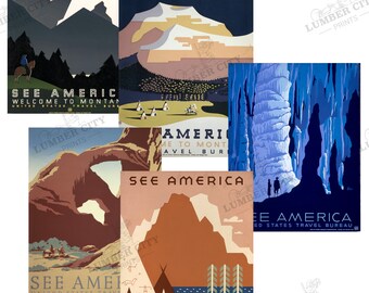 SET of Five US Travel Bureau Montana National Park Travel Posters 1936 - 18"x 24" Series Travel Gift idea Office man cave Wall Art Decor