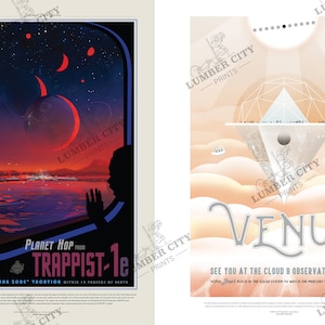 May include: Two vintage travel posters with a retro futuristic aesthetic. The first poster features a view of a red planet with a crescent moon and a cityscape in the distance. The second poster features a view of a cloud city on Venus with the text "See you at the Cloud 9 Observatory".