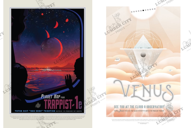 May include: Two vintage travel posters with a retro futuristic aesthetic. The first poster features a view of a red planet with a crescent moon and a cityscape in the distance. The second poster features a view of a cloud city on Venus with the text "See you at the Cloud 9 Observatory".