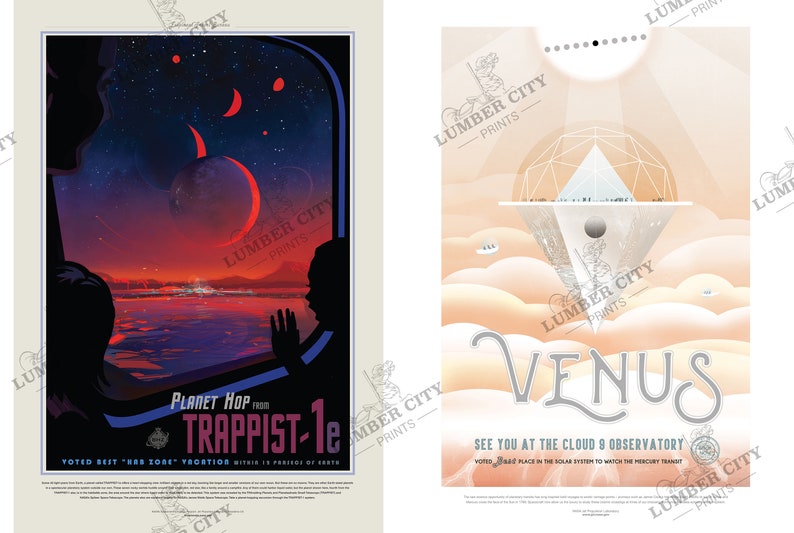 May include: Two vintage travel posters with a retro futuristic aesthetic. The first poster features a view of a red planet with a crescent moon and a cityscape in the distance. The second poster features a view of a cloud city on Venus with the text "See you at the Cloud 9 Observatory".