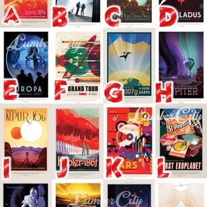 May include: A set of 16 retro-style travel posters featuring various planets and celestial bodies. Each poster has a unique design and colour scheme, with text that describes the location and its features. The posters are perfect for adding a touch of space exploration to any room.