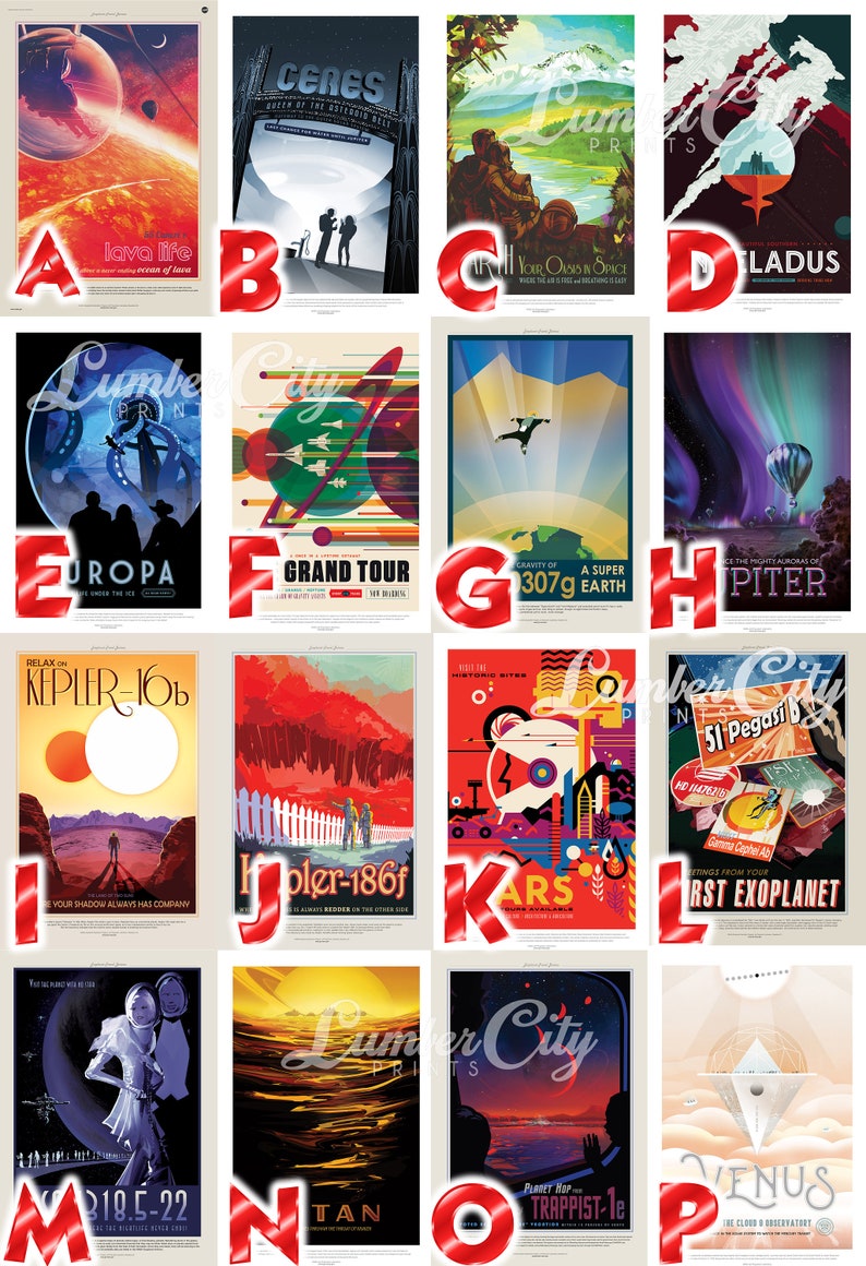 May include: A set of 16 retro-style travel posters featuring various planets and celestial bodies. Each poster has a unique design and colour scheme, with text that describes the location and its features. The posters are perfect for adding a touch of space exploration to any room.