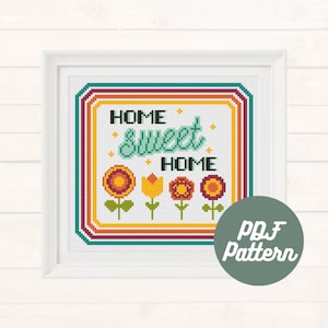 Home Sweet Home Colourful Vintage Retro with Flowers | Easy Counted Cross Stitch Pattern Perfect for Beginners | Instant PDF Download