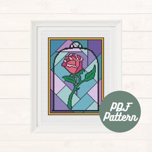 The Belle Jar and Enchanted Rose | Beauty & The Beast Stained Glass Design | Beginner Counted Cross Stitch Pattern | Instant PDF Download