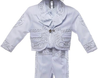 Boys White Silver Toddlers Mariachi Suit Set Mexico Folklorico 5 De Mayo Fiesta Dance Costume