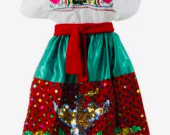 China Poblana Girls Sz XS-XL Folklorico Tri-Color Dress Set W/Eagle Sequin