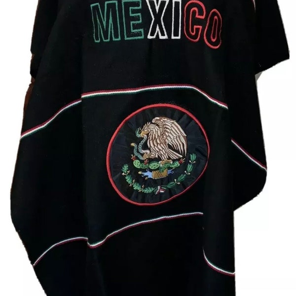 MEXICO Negro Unisex Talla Única, Multicolor, Zarape Mexicano Poncho Serape Fiestas Folclóricas Mexicanas,