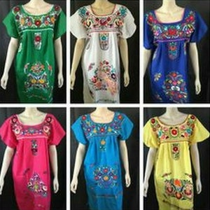 Womens XS-XXXL Mexican Folklorico Tehuacan Puebla Dress Tunic Floral Embroidery New