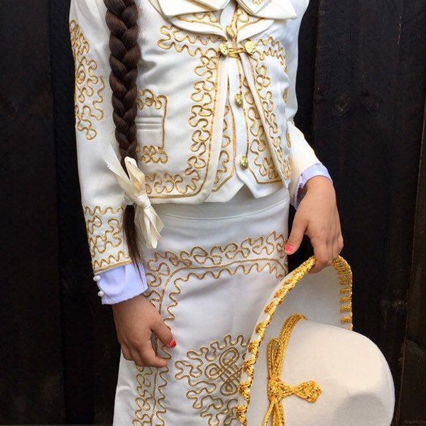 Traje de Mariachi Charro para niñas, color beige, dorado y niños pequeños, Fiesta Folklórica del 5 de Mayo de México, nuevo