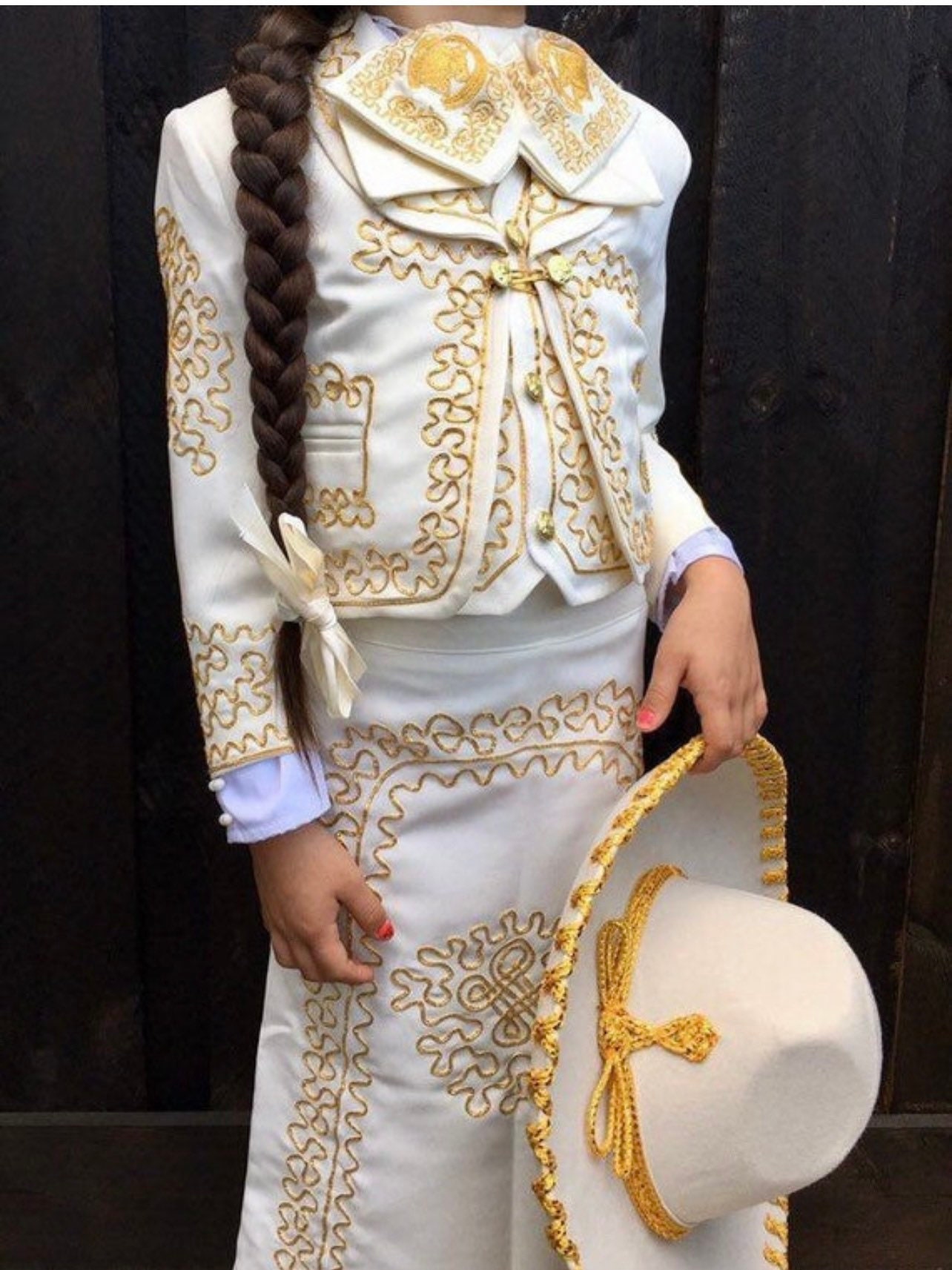 Beige Gold Womens Mariachi Charro Dress Outfit Mexico Folklorico 5