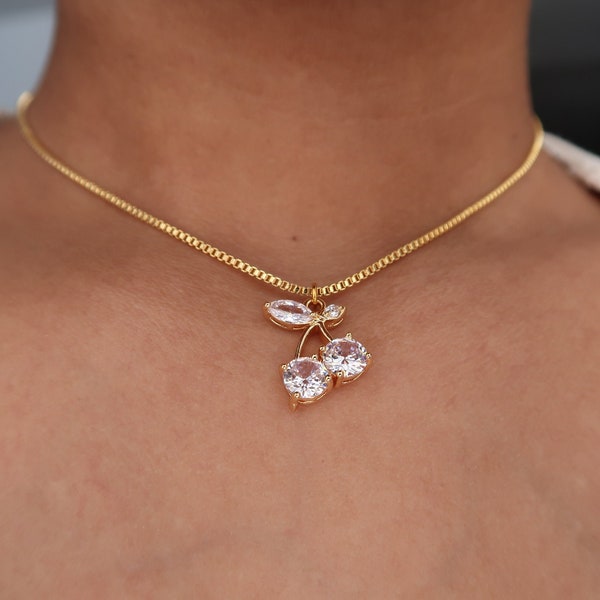 CHERRY ICE Necklace - gold diamond cherry necklace, rhinestone cherry necklace, crystal cherry charm necklace, cherry choker