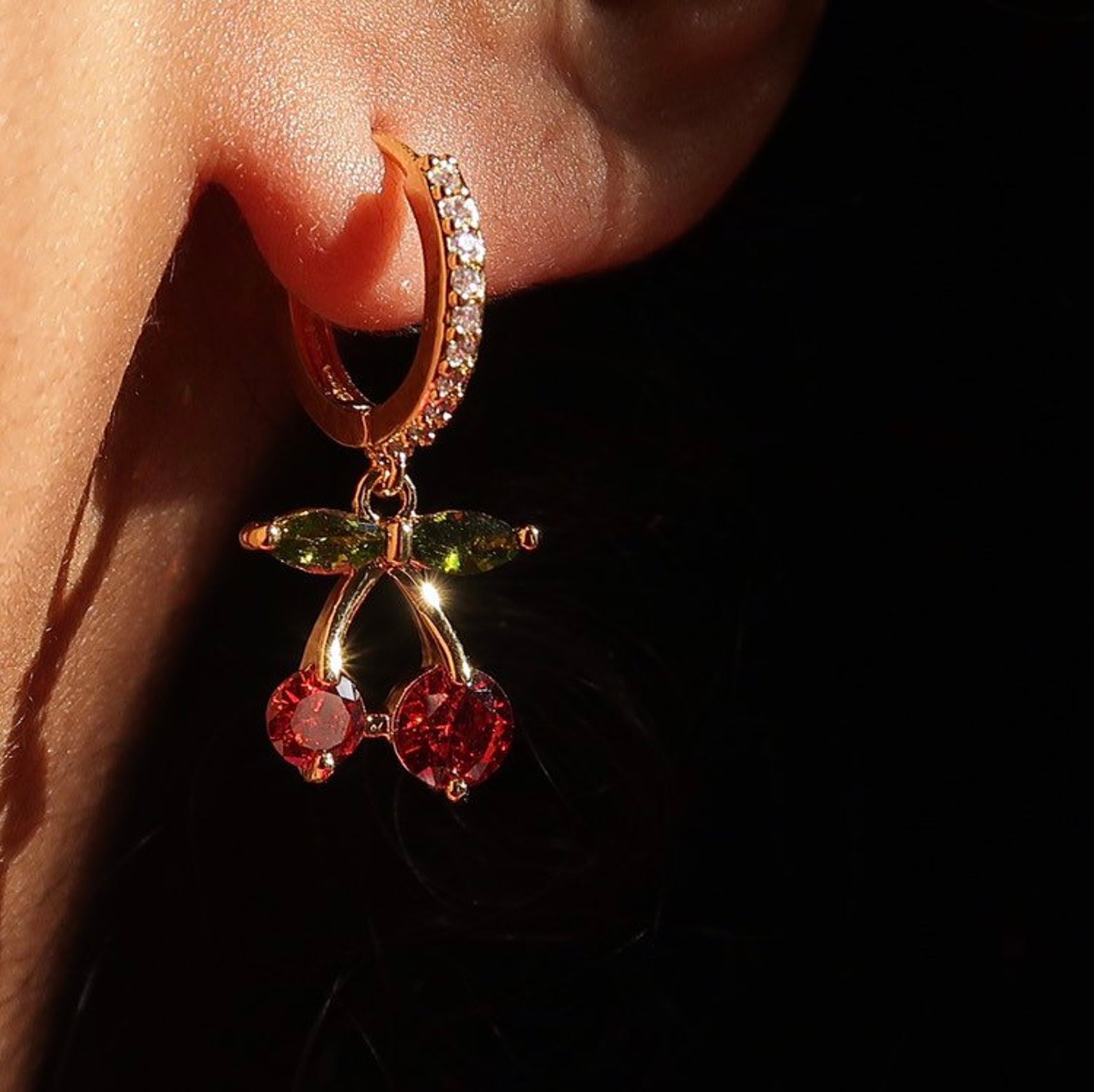 CHERRY BOMB Earrings Diamond Cherry Charm Earrings Crystal Etsy