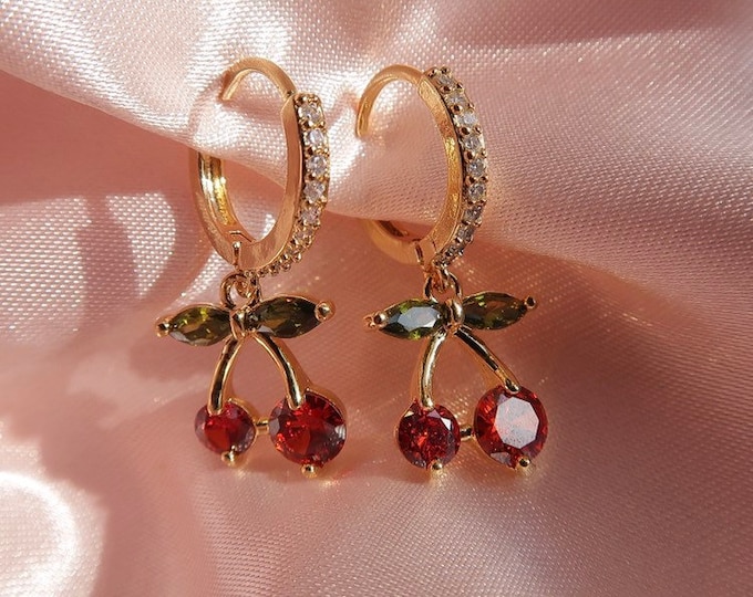 CHERRY BOMB Earrings Diamond Cherry Charm Earrings, Crystal Hoop