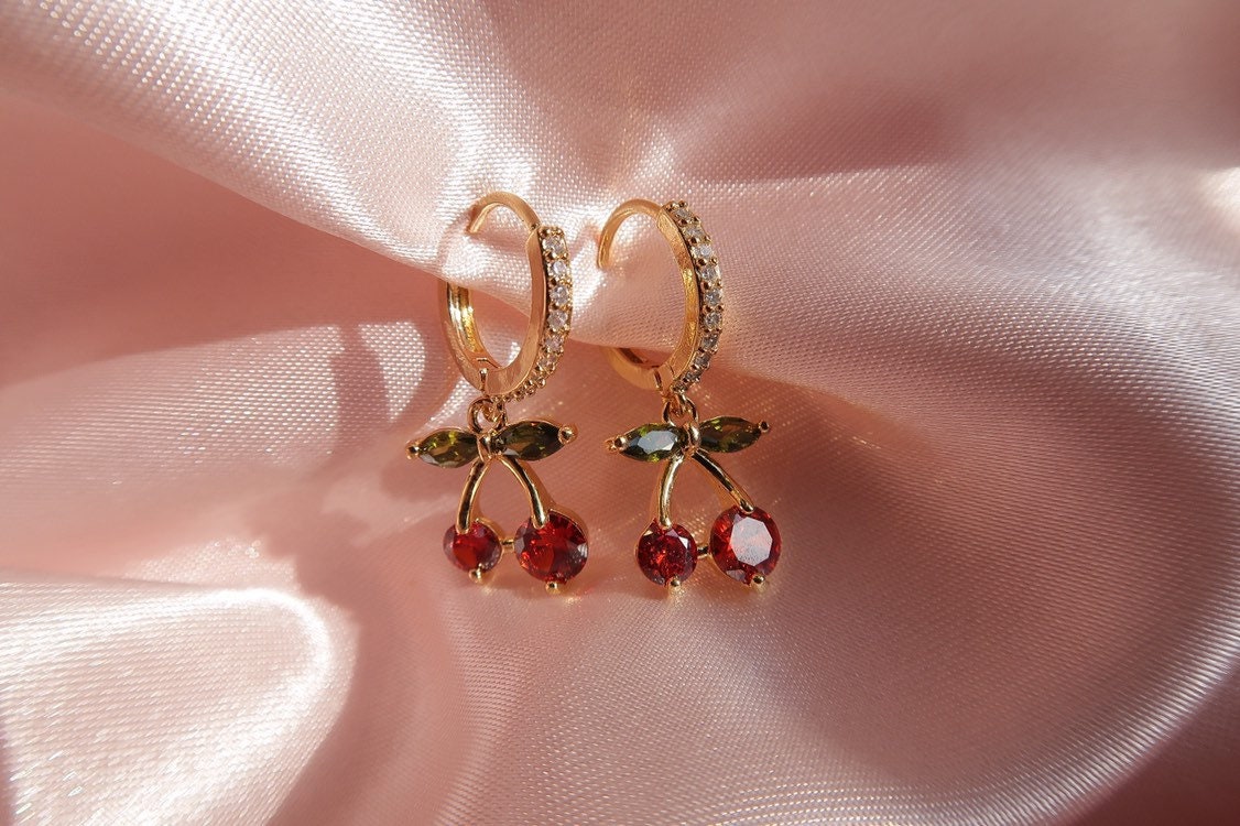 CHERRY BOMB Earrings Diamond Cherry Charm Earrings Crystal Etsy
