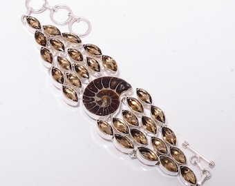 Pulseira de Fóssil de Amonita: Quartzo Fumê Facetado, Prata Oxidada