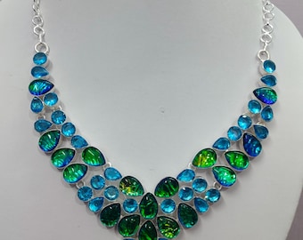 Handmade Oxidized Silver Necklace • Blue Topaz & Australian Opal Triplet • Boho Statement Jewelry Gift