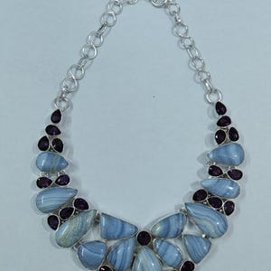 Gratis verzending Natuurlijk/Gefacetteerd/Amethist/Blauw/Minder/Agaat/Designer/Geoxideerd/Steen Zilveren handgemaakte ketting