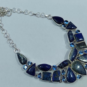 Gratis verzending Natuurlijk/Gefacetteerd/Blauw/Topaas/Lapis/Lazuli/Designer/Geoxideerd/Steen Zilveren handgemaakte ketting