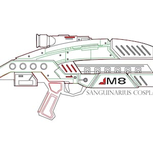 Könnte beinhalten: Strichzeichnung eines futuristischen Gewehrs mit grünen und roten Umrissen. Das Design umfasst ein Zielfernrohr, mehrere kreisförmige Öffnungen und den Text "M8" und "SANGUINARIUS COSPLAY".