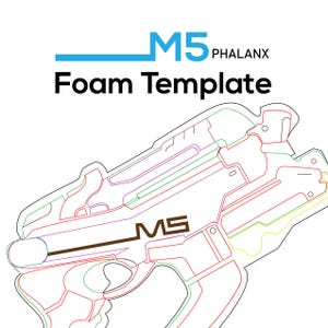 Puede incluir: Fondo blanco con un contorno colorido de una pistola futurista. El texto "M5 Phalanx" está encima de las palabras "Foam Template". El contorno de la pistola es rojo, verde, morado y amarillo.