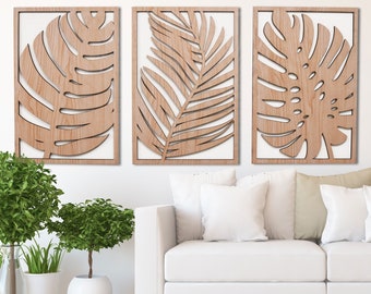 Arte de pared de madera de hojas tropicales, juego de 3 paneles, decoración de pared de hoja de madera Monstera, arte temático de plantas, Boho, regalo de granja moderno