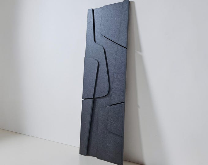 Tall Black Wood Wall Art Sculpture for Narrow Wall Spaces, Minimalist Geometric Shapes 3D Abstract Wall Art Panel by Zenley