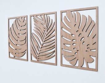 Wood Leaves Wall Art, 3 Panel Set, Monstera Leaf Wall Decor, Tropical Plant Themed Artwork, Boho, Modern Farmhouse Gift