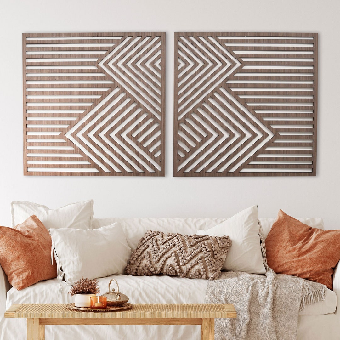 Boho Wood Wall Art Panels Set of 2 Square Geometric Wooden Abstract Minimalist Artwork Panels Etsy