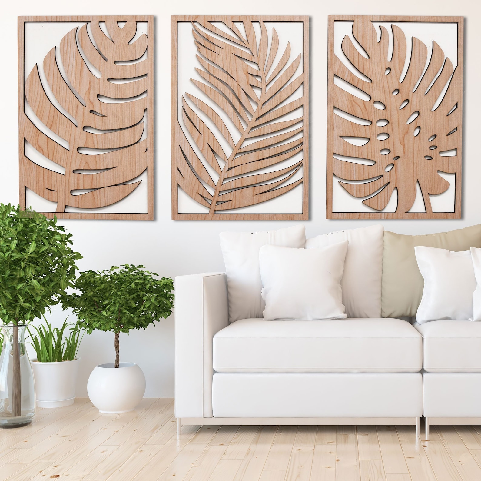 Wood Leaves Wall Art, 3 Panel Set, Monstera Leaf Wall Decor, Tropical