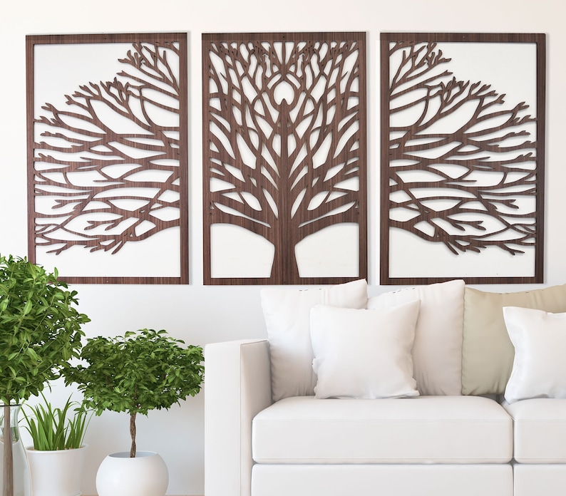 Tree of Life Wood Wall Art 3 Panel Set Tree Wall Decor Etsy