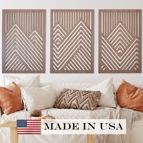 Mountain Wood Wall Art Panels Set of 3 Geometric Wooden - Etsy