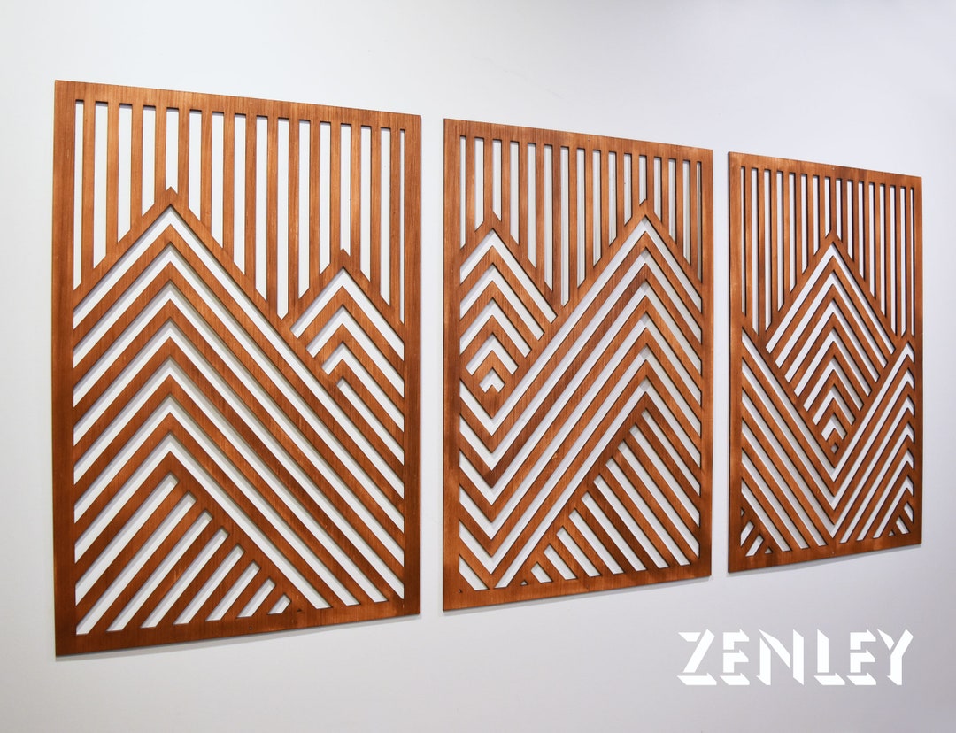 Mountain Wood Wall Art Panels Set of 3 Geometric Wooden Artwork - Etsy