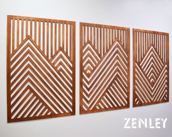 Mountain Wood Wall Art Panels Set of 3 Geometric Wooden Artwork