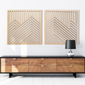 Mountain Wood Wall Art Panels Set of 2 Square Geometric Wooden Artwork