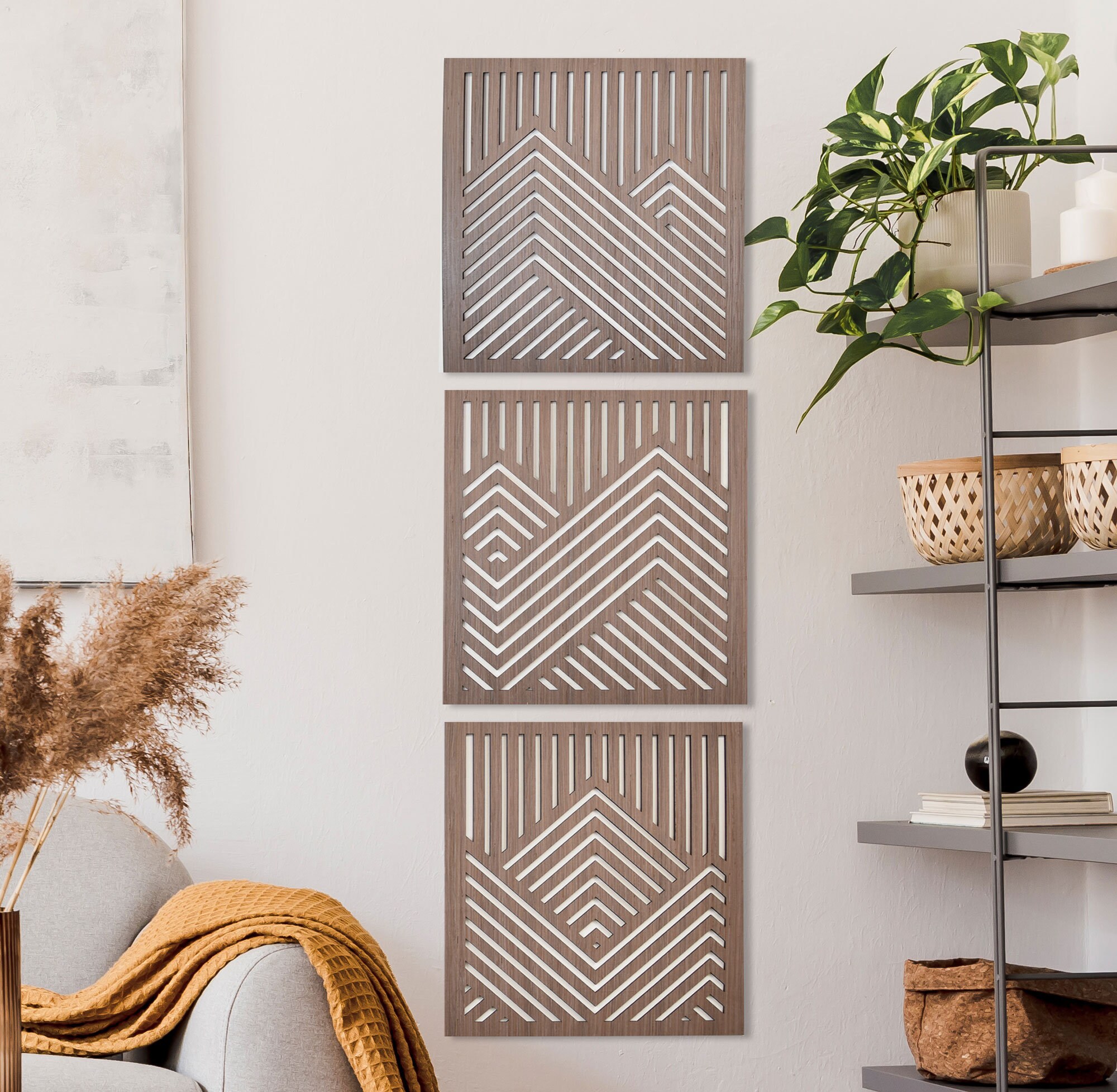Mountain Wood Wall Decor Panels Set of 3 Square Geometric Etsy