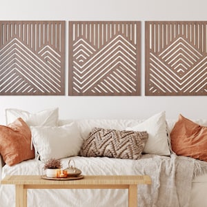 Mountain Wood Wall Decor Panels Set of 3 Square Geometric Wooden Art