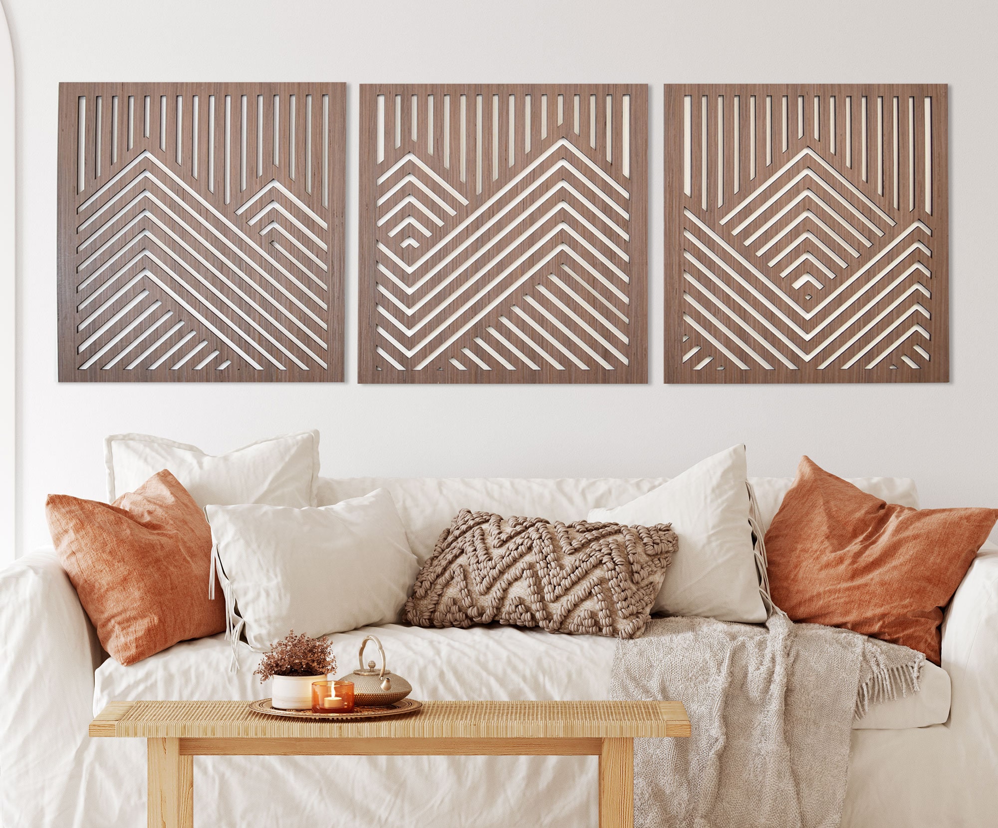 Mountain Wood Wall Decor Panels Set of 3 Square Geometric Etsy
