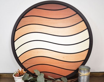 22" Round Wood Wall Art 3D Desert Waves Colors Artwork for Home, Office, Nursery