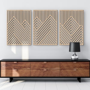 Mountain Wood Wall Art Panels Set of 3 Geometric Wooden Artwork Large 72x33 inches