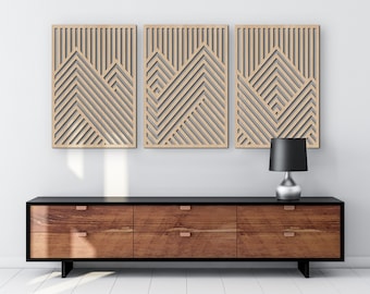 Mountain Wood Wall Art Panels Set of 3 Geometric Wooden Artwork