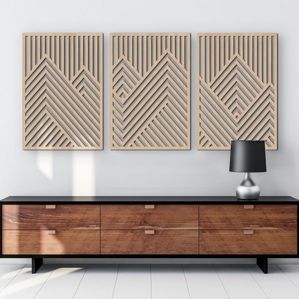 Mountain Wood Wall Art Panels Set of 3 Geometric Wooden Artwork