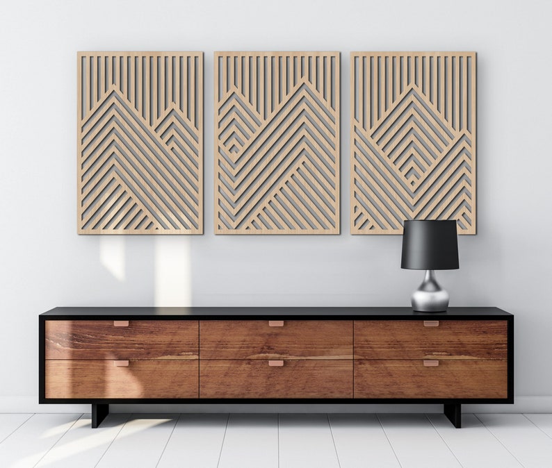 Mountain Wood Wall Art Panels Set of 3 Geometric Wooden Artwork Large 72x33 inches