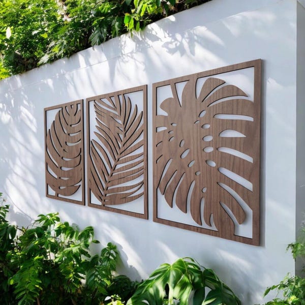 Outdoor Leaves Wall Art, 3 Panel Set, Monstera Leaf Wall Decor for Outside, Patio Artwork Tropical Plant Themed Artwork for Exterior