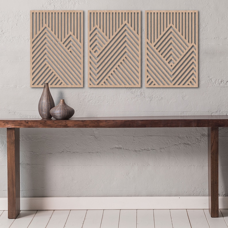 Mountain Wood Wall Art Panels Set de 3 obras de arte geométricas de madera Medium 50x23 pulgadas