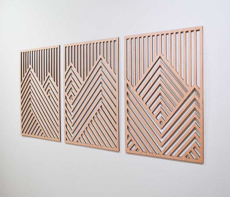 Mountain Wood Wall Art Panels Set of 3 Geometric Wooden Artwork image 2