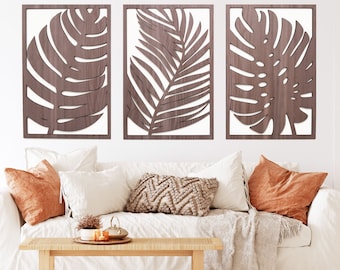 Monstera Leaves Wood Wall Art, 3 Panel Set, Tropical Wooden Leaf Wall Decor, Plant Themed Artwork, Boho, Modern Farmhouse Gift