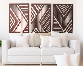 Decoración de pared de madera, conjunto de 3 arte geométrico de madera, obras de arte abstractas de madera con textura 3D