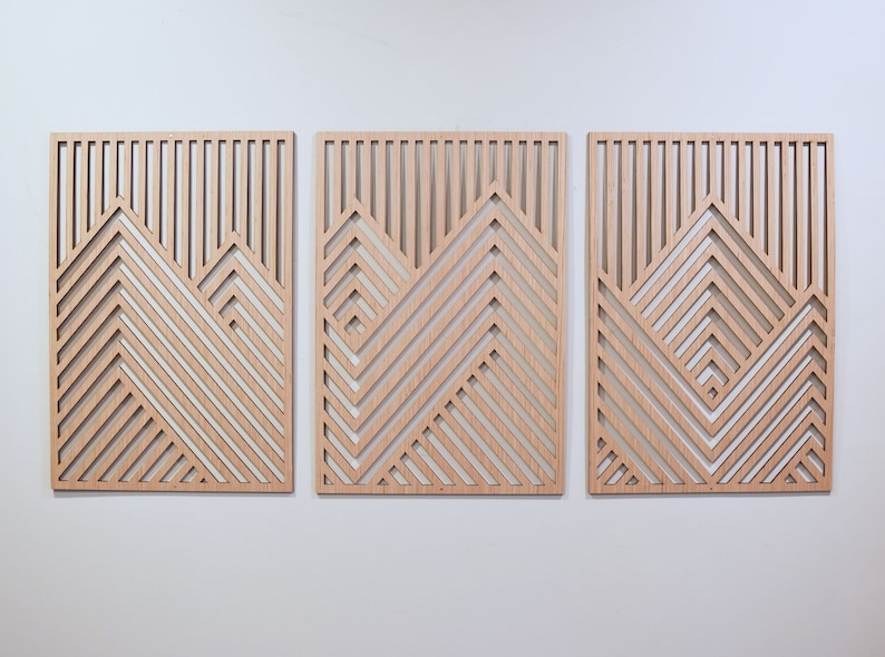 Mountain Wood Wall Art Panels Set of 3 Geometric Wooden Artwork image 3